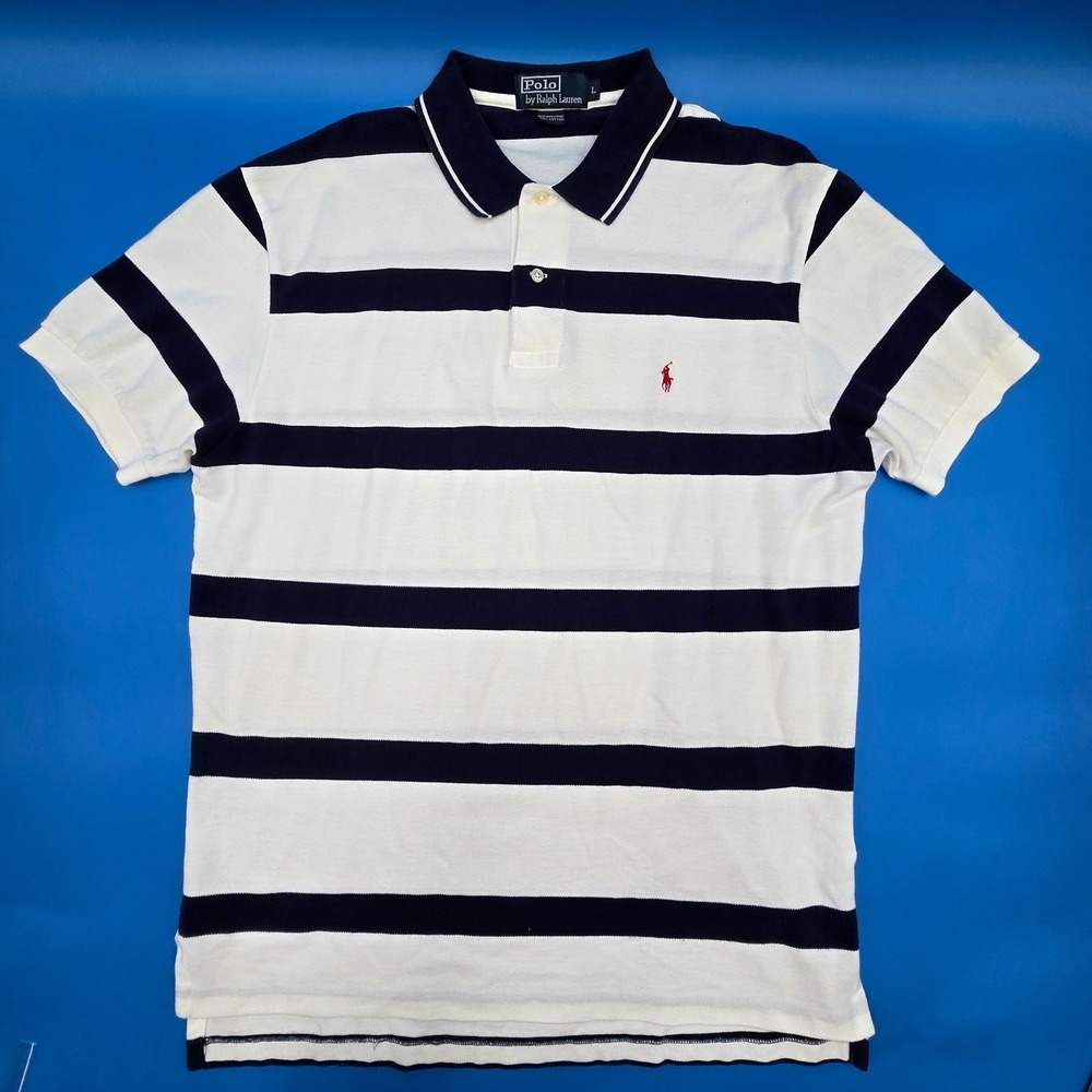 Polo Ralph Lauren Mens Large White Navy Striped Short Sleeve Pique Polo Shirt